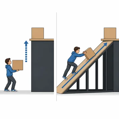 One student lifts a box straight up while another pushes an identical box up a ramp.