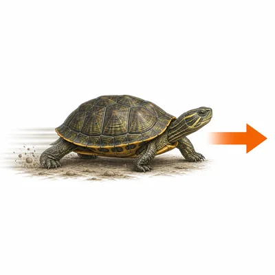 Turtle moving to the right with a direction arrow.
