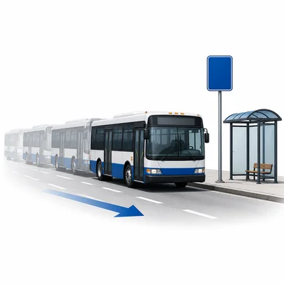 Bus slowing down as it approaches a stop.