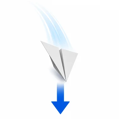 Paper airplane flying downward with a direction arrow.