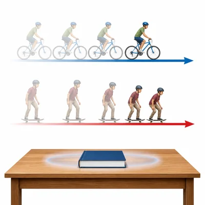 Three motion examples: steady bicycle, slowing skateboard, and still book.