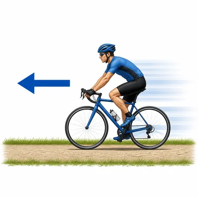 Cyclist moving left with a direction arrow.