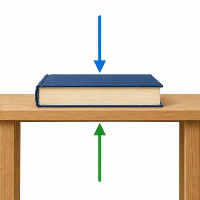 A book on a table with equal upward and downward force arrows.