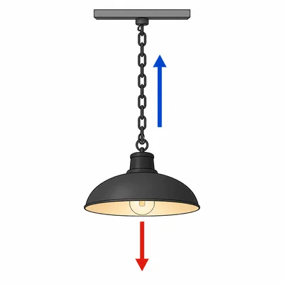A hanging lamp has equal upward chain force and downward gravity force.