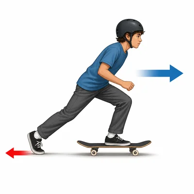 A skateboarder pushes backward on the ground and begins moving forward.
