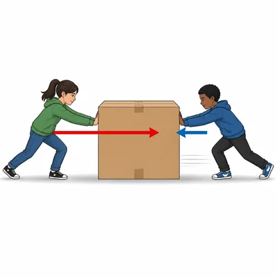 Two students push a box in opposite directions, with a larger force to the right.