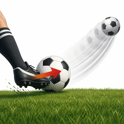 A foot kicks a soccer ball, causing it to move forward.