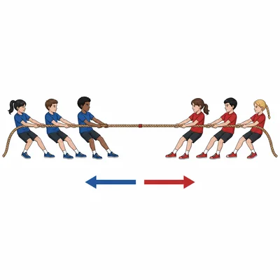 Two tug-of-war teams pull a rope with equal forces in opposite directions.