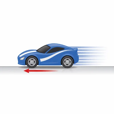 A toy car rolls right while friction acts backward.