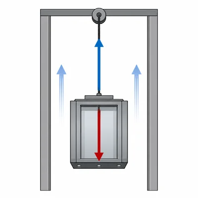 An elevator has equal upward cable force and downward gravity force.