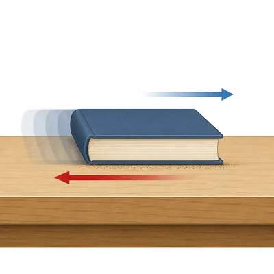 A book sliding on a desk with friction acting opposite its motion.