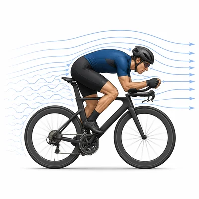A cyclist leaning low while air flows smoothly around them.