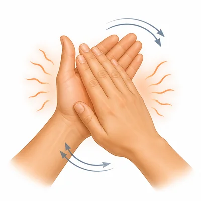 Hands rubbing together with motion arrows and warmth lines.