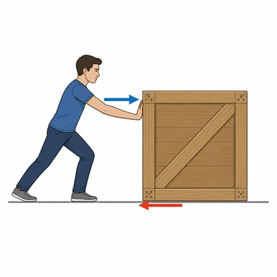 A still crate with equal push and static friction arrows in opposite directions.