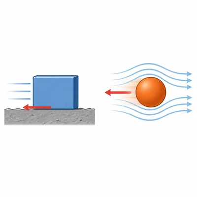 Friction on a sliding block compared with air resistance on a moving ball.