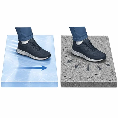 A shoe on smooth ice compared with a shoe on rough concrete.