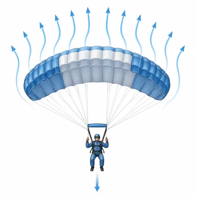 A skydiver with an open parachute experiencing upward air resistance.