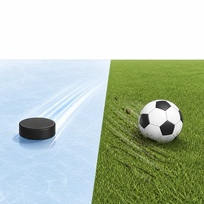 A hockey puck gliding on ice compared with a soccer ball moving on grass.