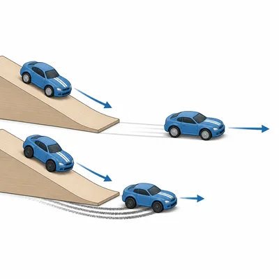 Two toy cars leave a ramp, with the smooth-wheeled car traveling farther.