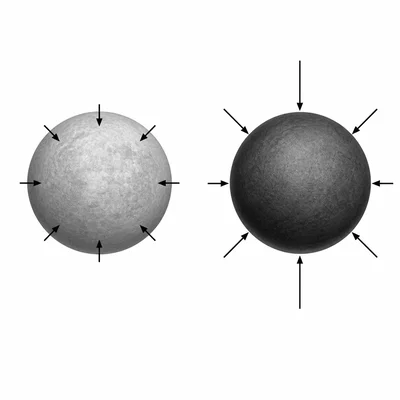 Two equal-radius planets with a stronger gravity arrow on the denser planet.