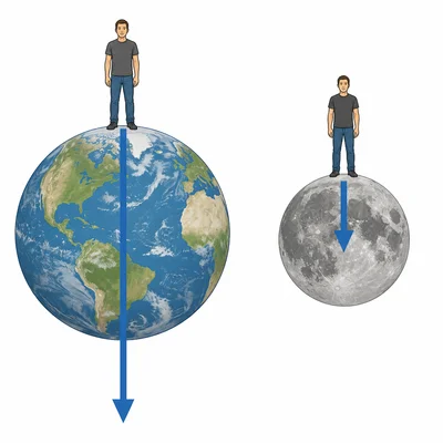 The same person stands on Earth and the Moon with a stronger weight arrow on Earth and a weaker one on the Moon.