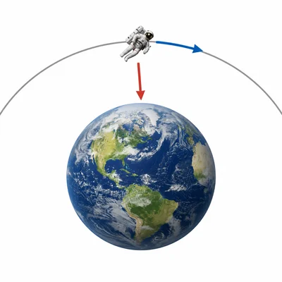 An astronaut or spacecraft orbits Earth with arrows showing forward motion and gravity toward Earth.
