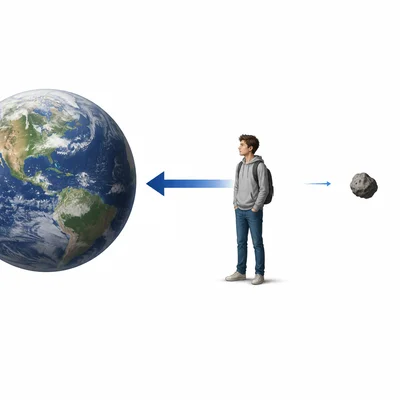 A person is pulled more strongly toward Earth than toward a small asteroid.