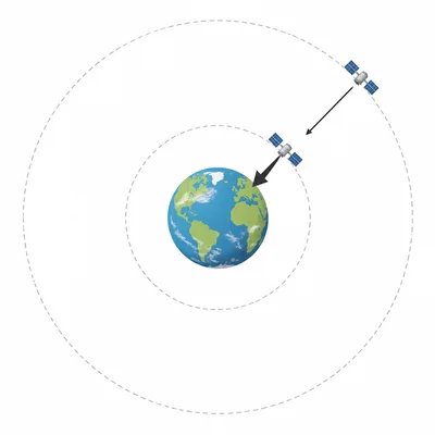 Two identical satellites orbit Earth at different distances, with the closer one showing a stronger gravity arrow.