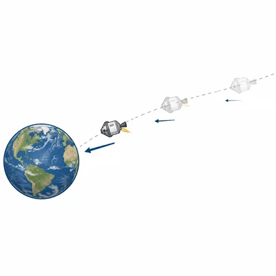 A spacecraft moves away from Earth while gravity arrows back toward Earth get weaker.