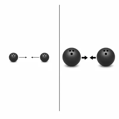 Two small bowling balls and two larger bowling balls attract each other, with stronger arrows for the larger balls.