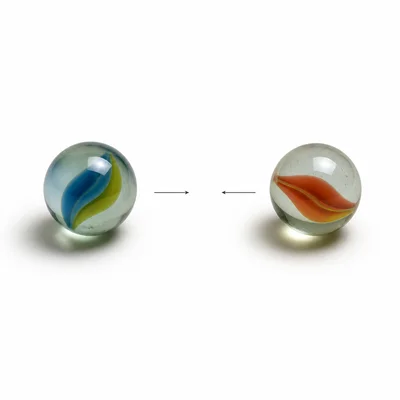 Two small objects have tiny gravity arrows pulling them toward each other.