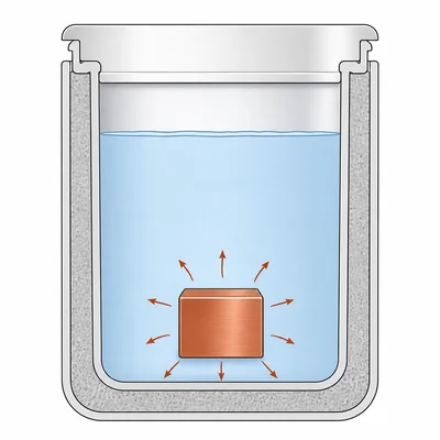 Insulated cup with water and a warm copper block transferring heat to the water.