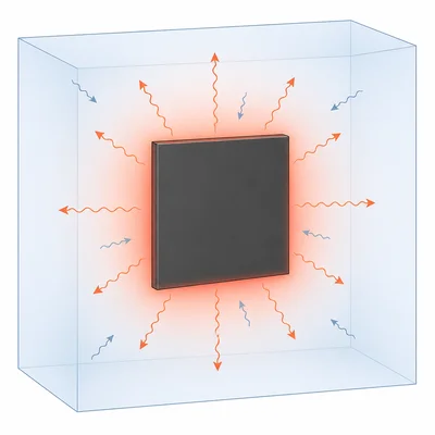 Hot blackbody surface radiating energy outward while receiving weaker radiation from its surroundings.