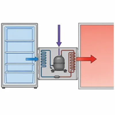 Refrigerator cycle showing heat removed from a cold space, work input, and heat rejected to a warm room.