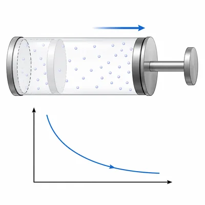 Gas expands isothermally in a piston-cylinder, with an inset curved pressure-volume path.
