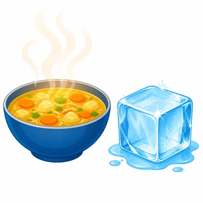 A steaming bowl of soup beside an ice cube.
