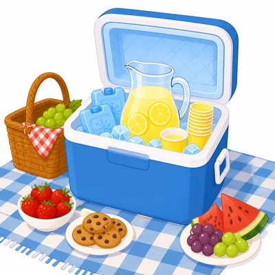 A cooler with ice keeps lemonade cold at a picnic.