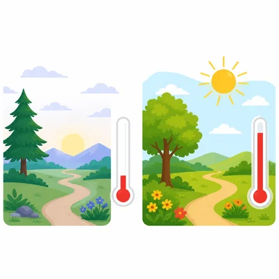 Two thermometers show a lower morning temperature and a higher afternoon temperature.