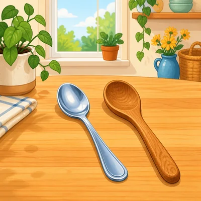 A metal spoon and a wooden spoon sit side by side on the same table.