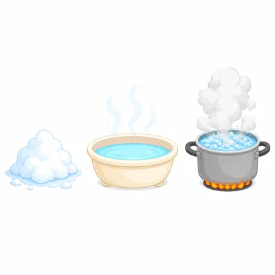 Snow, warm bath water, and boiling water are shown in a row.