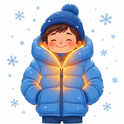 A child in a thick jacket stays warm in cold weather.