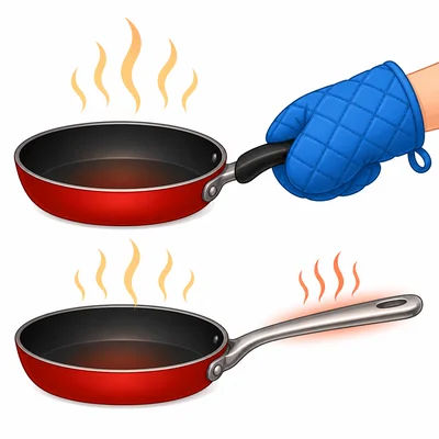 A cloth oven mitt holds a hot pan safely.
