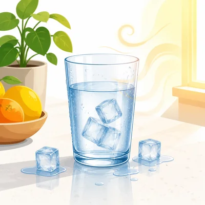 A glass of cold water warms up on a counter.