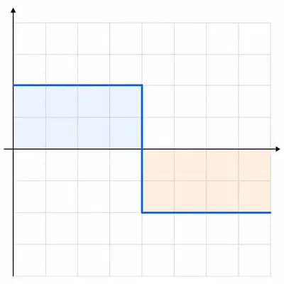 Unlabeled velocity-time step graph with one positive segment and one negative segment.