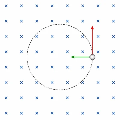 An electron following a circular path in a magnetic field into the page.