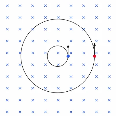Two charged particles in the same magnetic field follow circular paths with different radii.