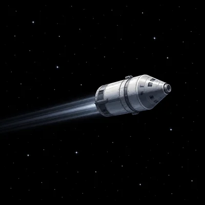 A spacecraft drifting straight through deep space with engines off.