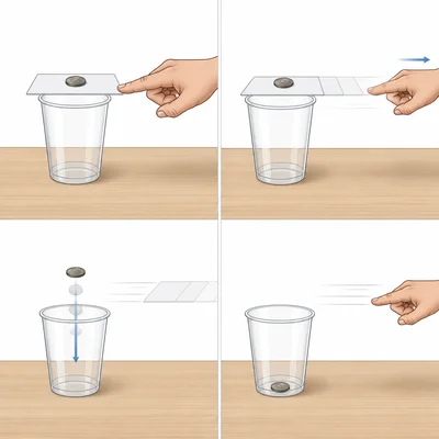 A coin falling into a cup as an index card is flicked sideways.