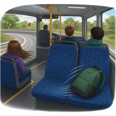 A backpack sliding to the right inside a bus turning left.