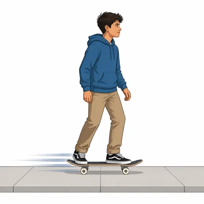 A skateboarder moving smoothly forward on a flat sidewalk.